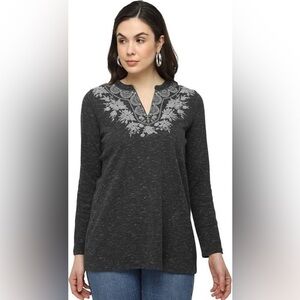 J. Jill women’s large petite long sleeve gray embroidered top cotton casual